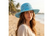 Wide Brim Crochet Toyo Straw Accent w/ Beaded Band - Blue - HT-8202BL